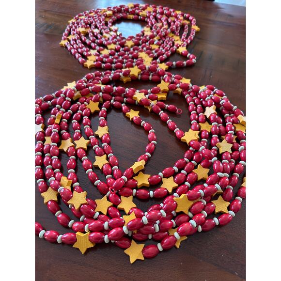 2 Vintage Wood Beads stars Christmas Garlands 20 ft ea. Red Yellow wooden decor - Picture 12 of 13